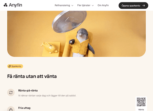 Skärmbild Anyfin sparkonton hemsida