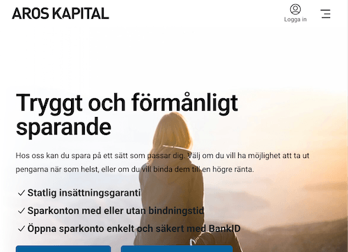 Skärmbild Aros Kapital sparkonton hemsida