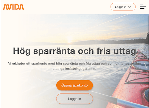 Skärmbild Avida Bank sparkonton hemsida