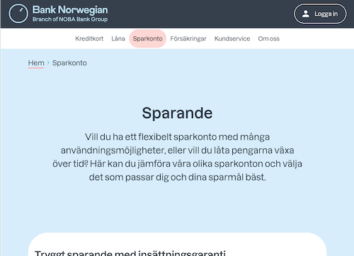 Skärmbild Bank Norwegian sparkonton hemsida