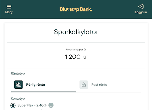 Skärmbild Bluestep Bank sparkonton hemsida