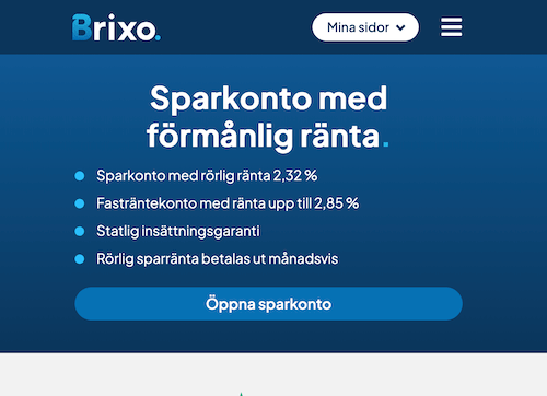 Skärmbild Brixo sparkonton hemsida