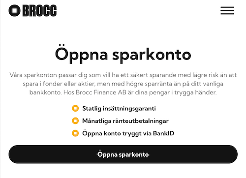Skärmbild Brocc sparkonton hemsida
