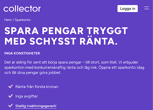Skärmbild Collector sparkonton hemsida