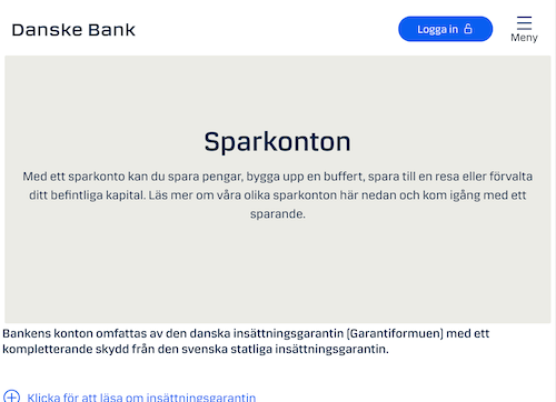 Skärmbild Danske Bank sparkonton hemsida