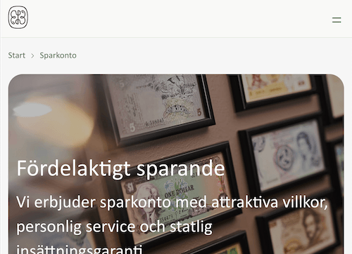 Skärmbild EP Bank sparkonton hemsida