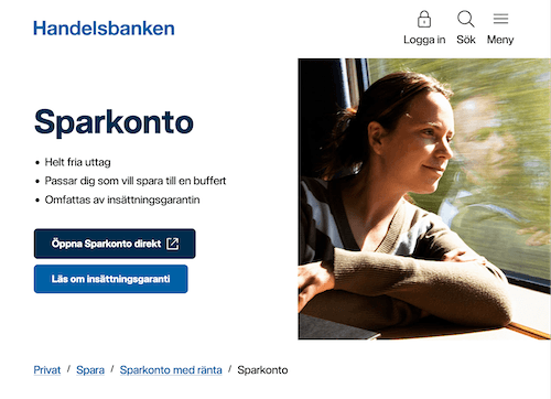 Skärmbild Handelsbanken sparkonton hemsida