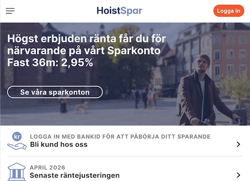 Skärmbild HoistSpar sparkonton hemsida