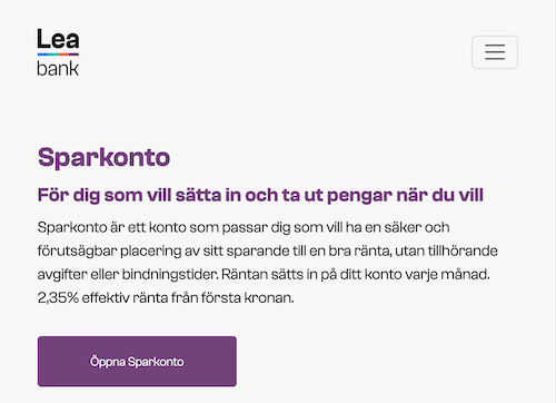 Skärmbild Lea Bank sparkonton hemsida
