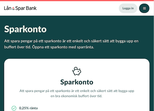 Skärmbild Lån & Spar Bank sparkonton hemsida