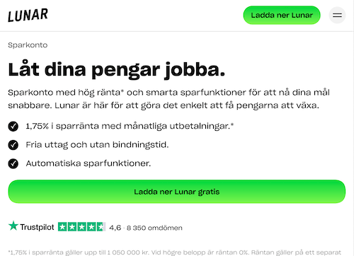 Skärmbild Lunar sparkonton hemsida