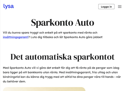 Skärmbild Lysa sparkonton hemsida