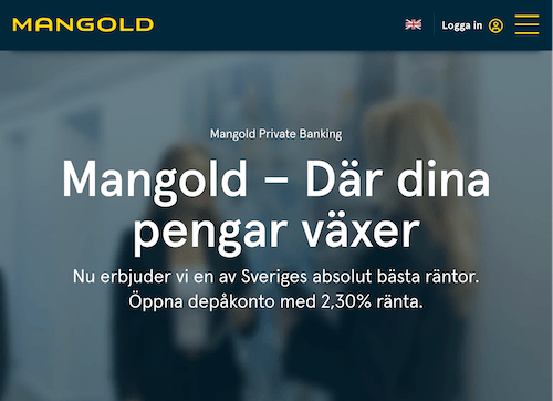 Skärmbild Mangold sparkonton hemsida