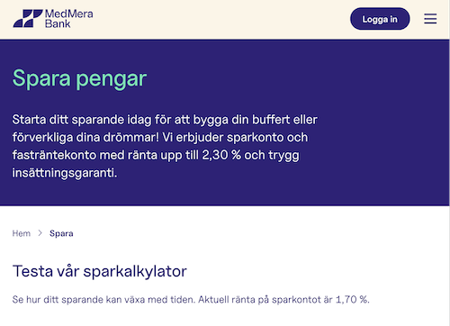 Skärmbild MedMera Bank sparkonton hemsida