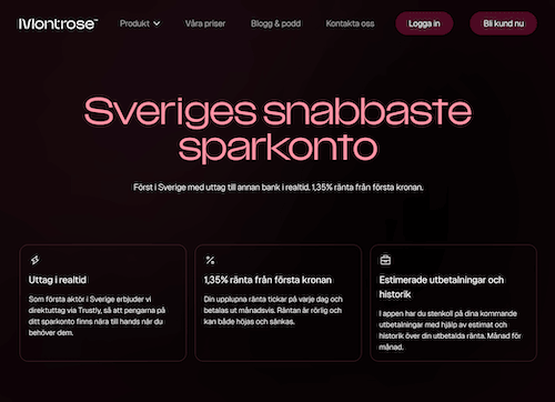 Skärmbild Montrose sparkonton hemsida