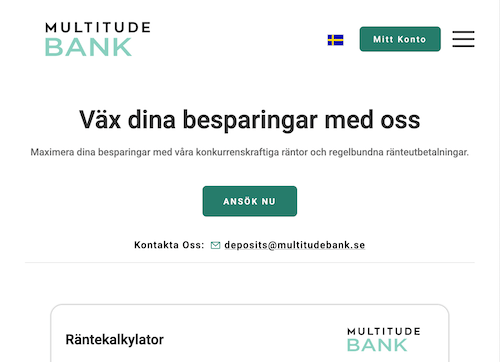 Skärmbild Multitude Bank sparkonton hemsida