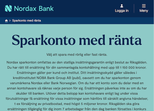 Skärmbild Nordax Bank sparkonton hemsida
