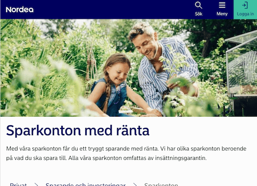 Skärmbild Nordea sparkonton hemsida