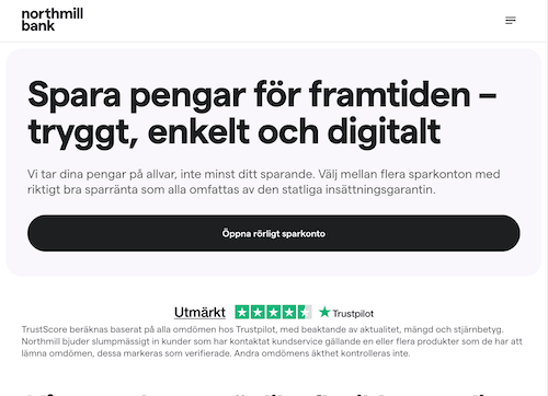 Skärmbild Northmill Bank sparkonton hemsida