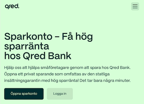 Skärmbild Qred Bank sparkonton hemsida