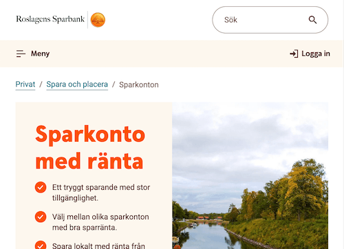 Skärmbild Roslagens Sparbank sparkonton hemsida