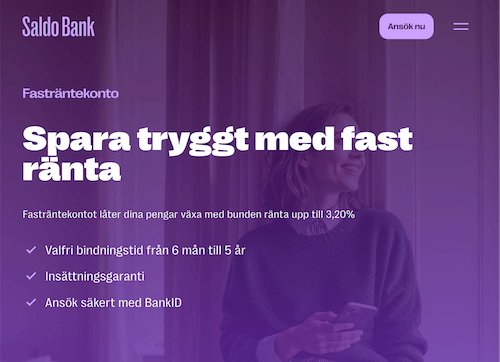 Skärmbild Saldo Bank sparkonton hemsida
