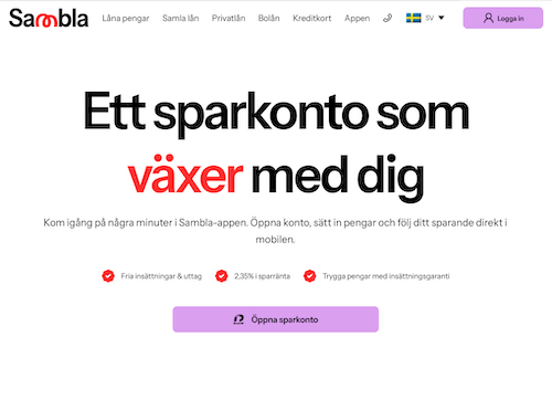 Skärmbild Sambla sparkonton hemsida
