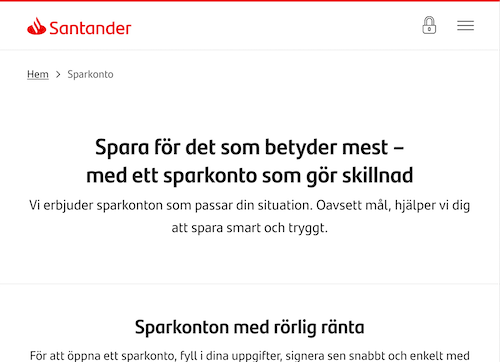 Skärmbild Santander sparkonton hemsida
