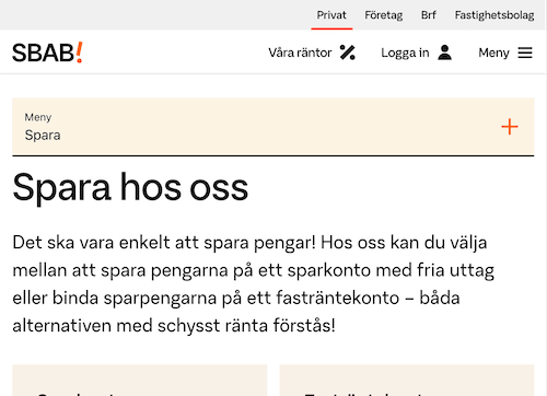 Skärmbild SBAB sparkonton hemsida