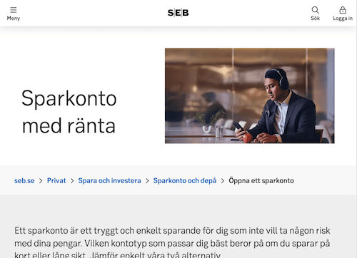Skärmbild SEB sparkonton hemsida