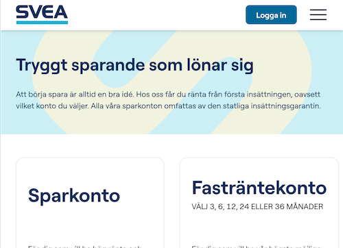 Skärmbild Svea Bank sparkonton hemsida