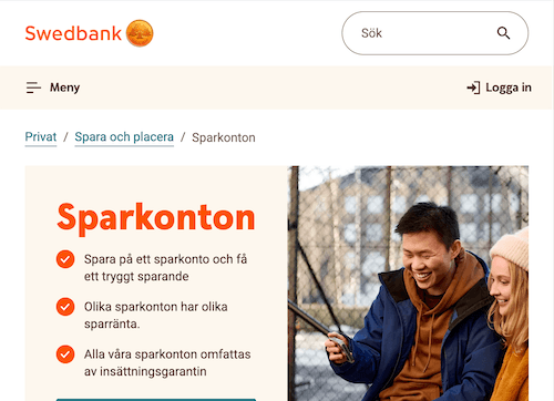 Skärmbild Swedbank sparkonton hemsida