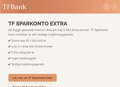 Skärmbild TF Bank sparkonton hemsida