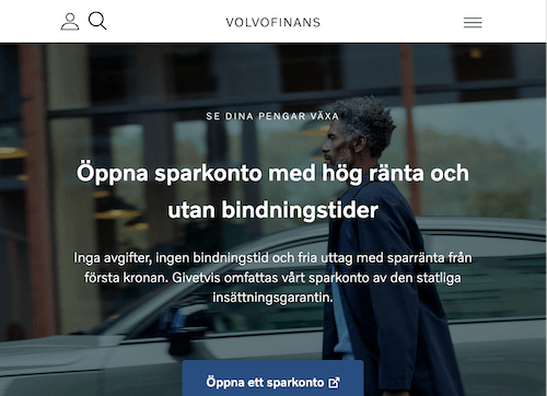 Skärmbild Volvofinans sparkonton hemsida